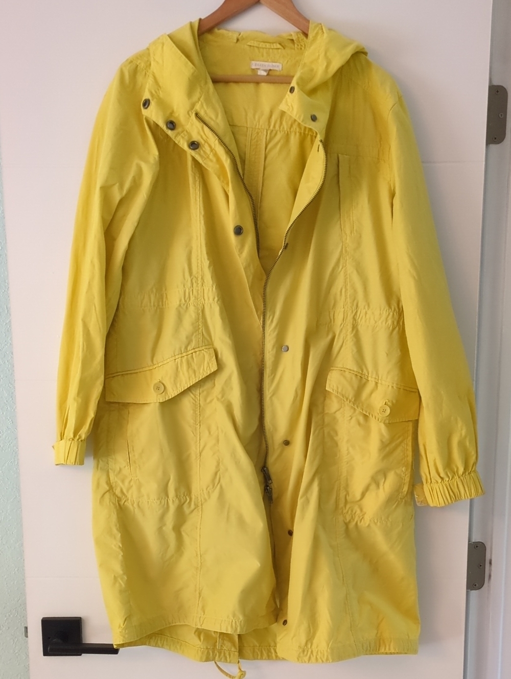Eileen Fisher Yellow Hooded Women's Raincoat Jacket Water Resisted Long Line L